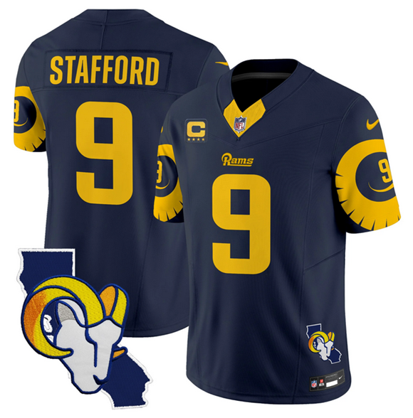 Men's Navy Los Angeles Rams #9 Matthew Stafford 2025 4-Star C Patch F.U.S.E. V2 Limited Stitched Football Jersey